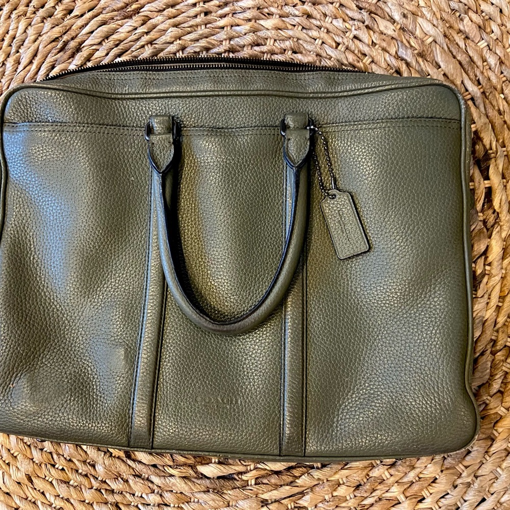 Coach Metropolitan Slim Briefcase in Olive Green Pebbled Leather